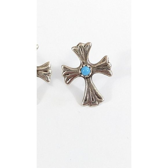 Sterling Silver Native American Cast Cross Studs Turquoise - Picture 6 of 8